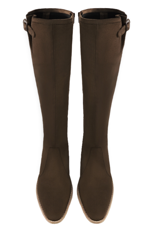 Chocolate brown women's knee-high boots with buckles. Round toe. Low leather soles. Made to measure. Top view - Florence KOOIJMAN